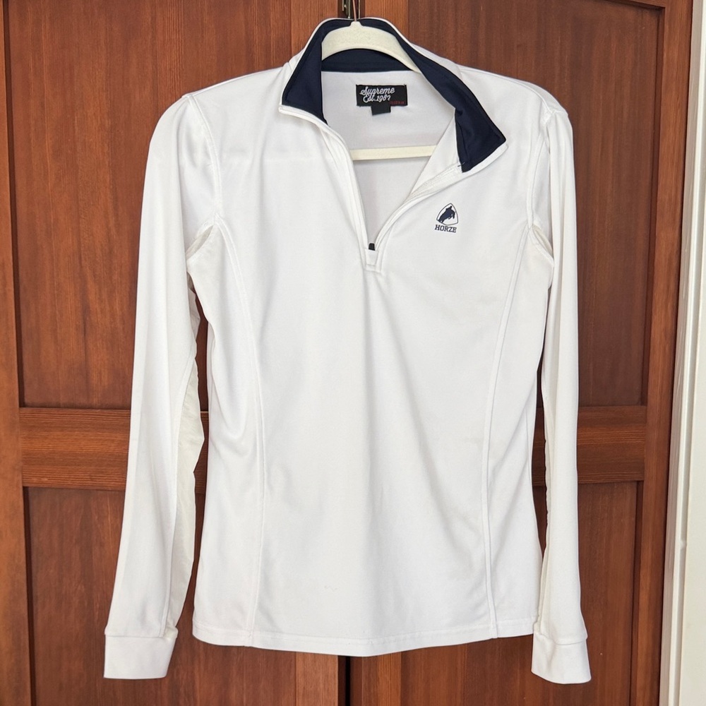 Horze Supreme White Long-Sleeve Quarter-Zip Top with Navy Trim Riding Sunshirt